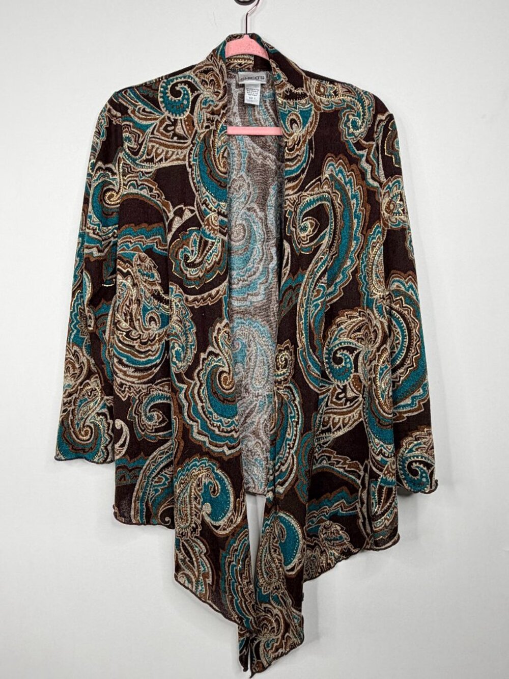 2/$30 Chico's Paisley Print Draped Open Cardigan Brown Teal 8 #A4144 - Picture 3 of 7